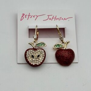 BETSEY JOHNSON Gold Tone Red Apple Drop Earrings Rhinestone Crystal New Teacher